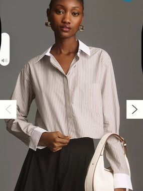 Good American Cropped Pinstripe Button-Down in Beige and White